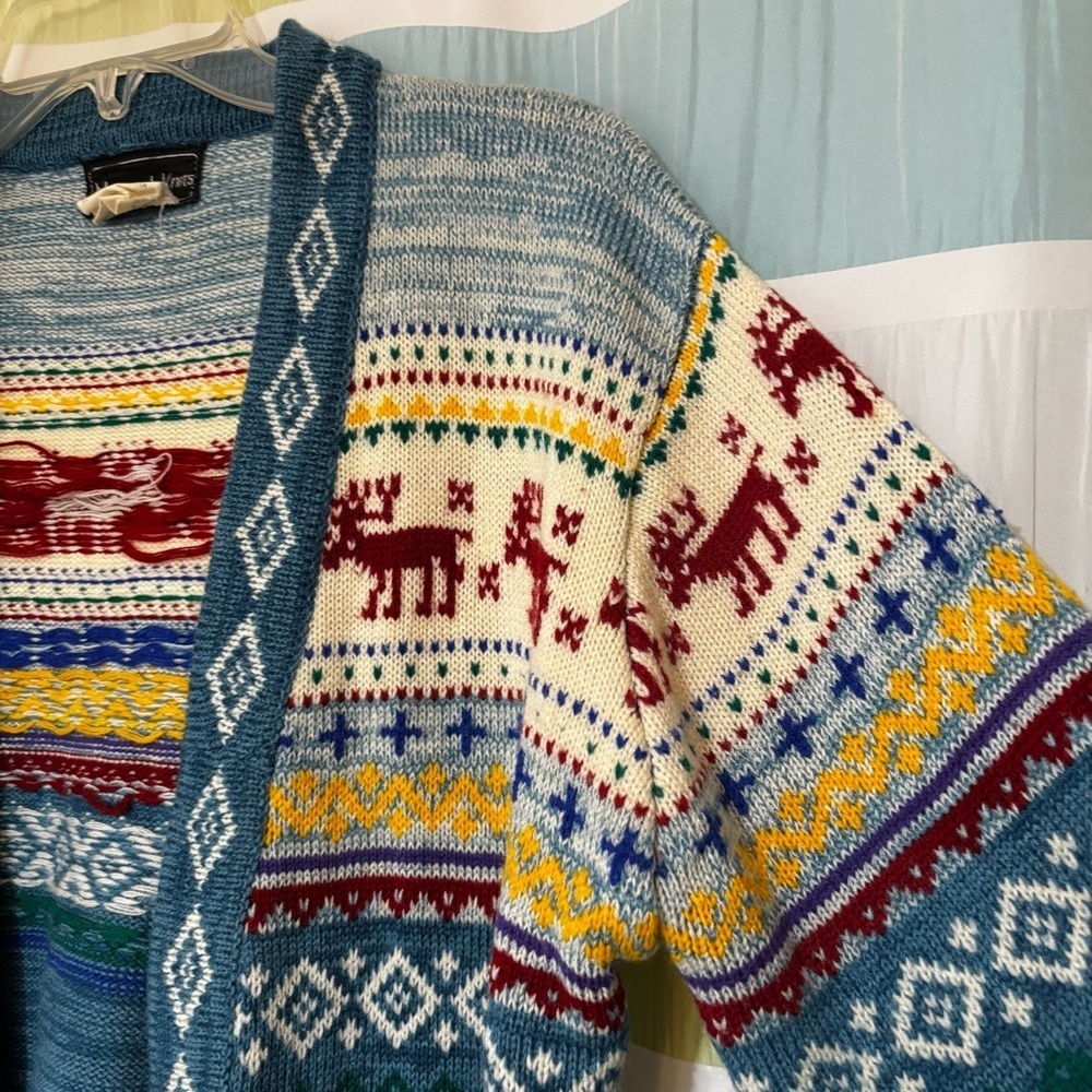 Vintage Monarch Knits Fair Aisle Reindeer Cardigan Sz Medium - Picture 8 of 9